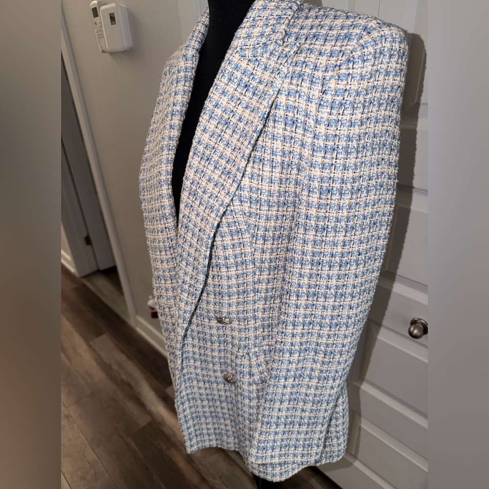 ZARA Blue & Cream Tweed Blazer - Picture 4 of 7